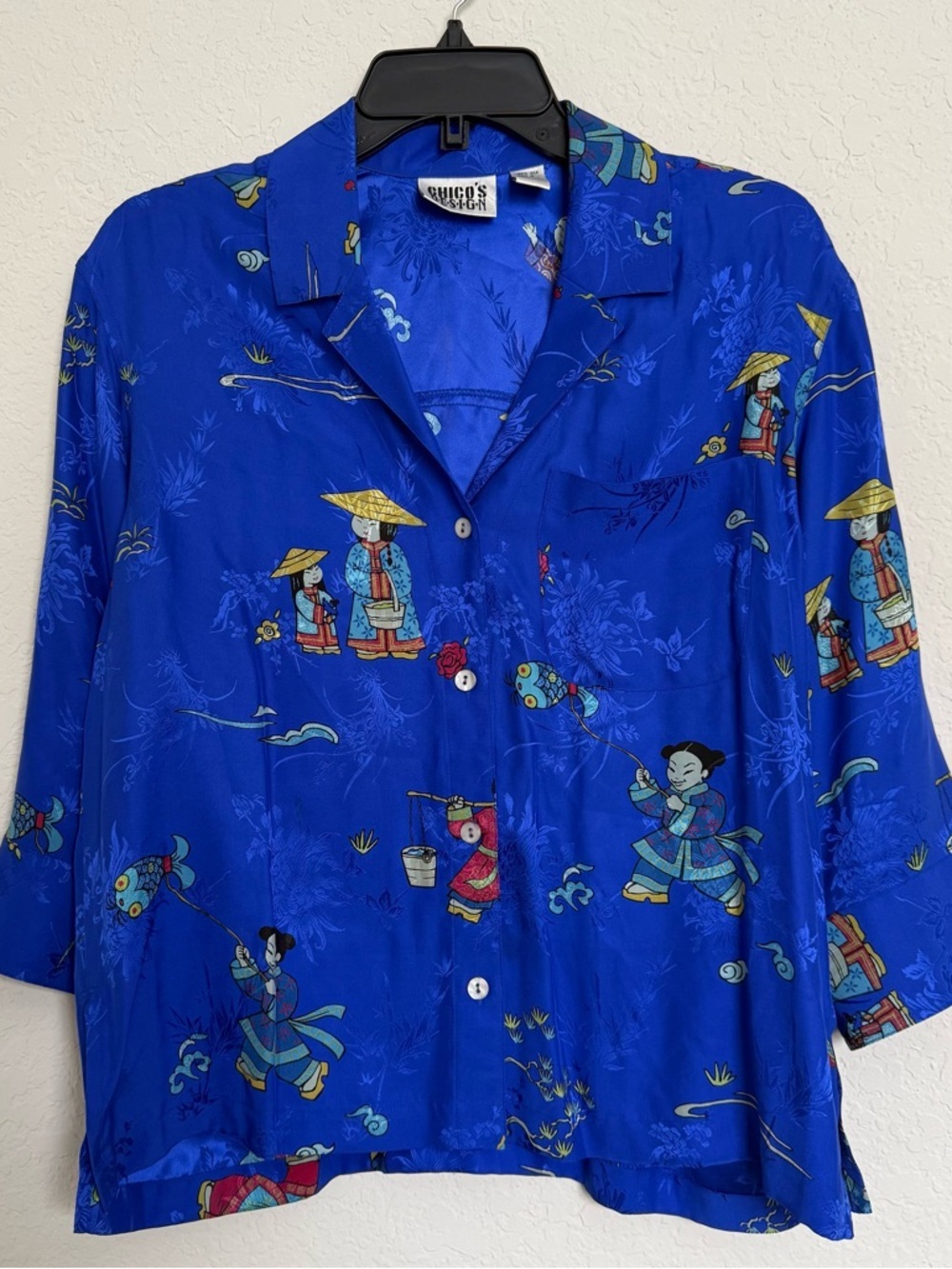 Silk Chicos Design Blue Asian Print Button Up Blouse Size S Novelty Artsy Whimsy